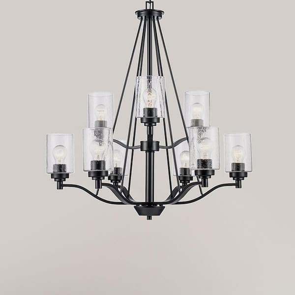 Simi 9-Light Black Tiered Chandelier Light Fixture with Seeded Glass Shades