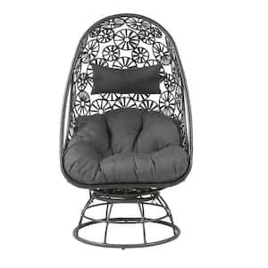 Modern Teardrop-Shaped Metal Frame Made of Black Wicker Outdoor Lounge Chair Side Table, Clear Glass in Gray Cushions