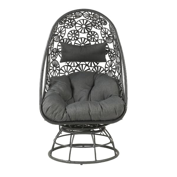 Misopily Modern Teardrop-Shaped Metal Frame Made of Black Wicker Outdoor Lounge Chair w/Side Table, Clear Glass in Gray Cushions
