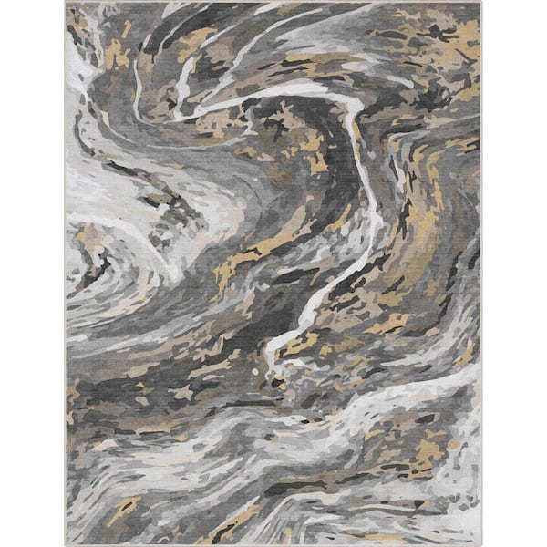 Well Woven Gray Gold 7 ft. 7 in. x 9 ft. 10 in. Abstract Dunes Retro Marble Flat-Weave Area Rug