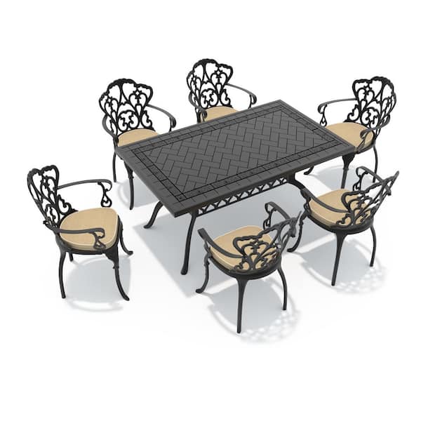 7-Piece Black Cast Aluminum Outdoor Dining Set with Off-White Cushions