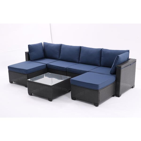 Unbranded 7-Pieces Rattan Metal Outdoor Patio Conversation Set with Blue Cushion Ottomans and Glass Table for Garden Poolside