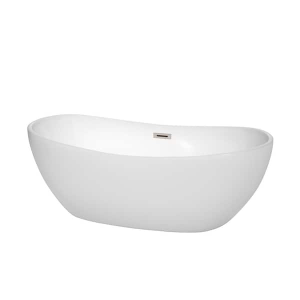 Wyndham Collection Rebecca 64.8 in. Acrylic Flatbottom Non-Whirlpool Bathtub in White with Brushed Nickel Trim