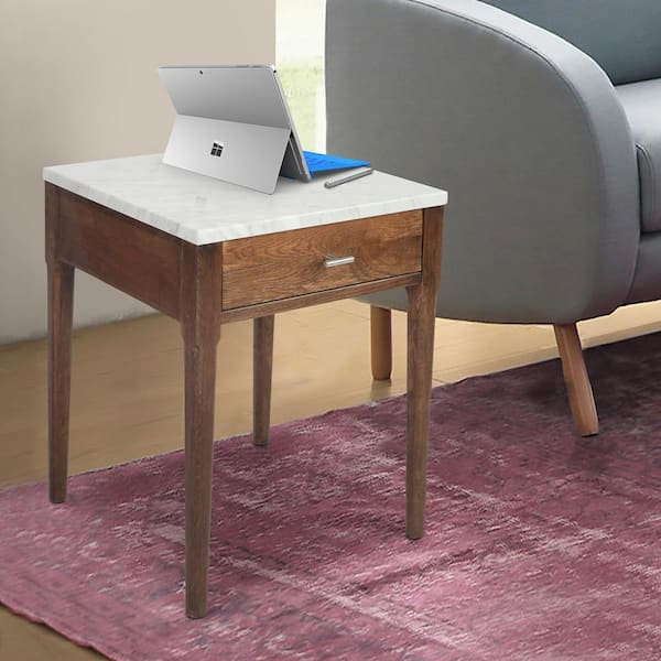 AndMakers Alto 22 in. Carrara White Square Italian Marble Side Table with Walnut Legs