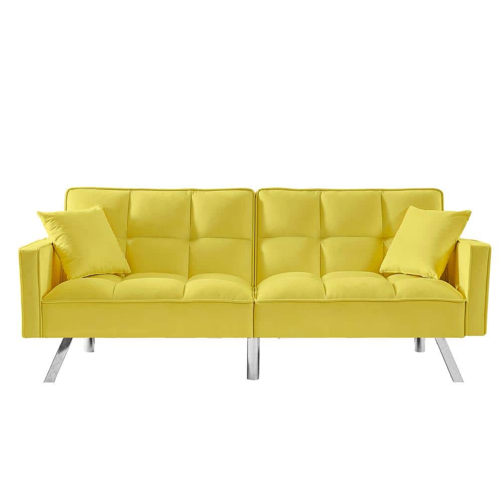 74.4 in. Yellow Velvet Upholstered Twin Size Loveseat Sofa Bed with 2