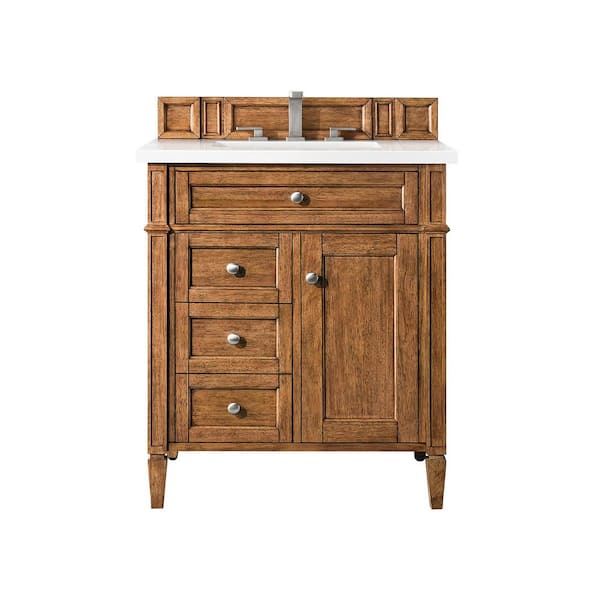 James Martin Vanities Brittany 30.0 in. W x 23.5 in. D x 34 in. H Bathroom Vanity in Saddle Brown with White Zeus Quartz Top