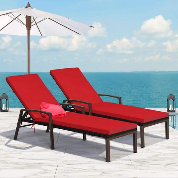 2-Piece Wicker Outdoor Adjustable Back Patio Chaise Lounge Chair with Red Removable Cushions and Armrest