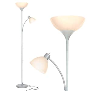 Sky Dome Plus 72 in. Platinum Silver Industrial 2-Light 3-Way Dimming LED Floor Lamp with 2 White Plastic Bowl Shades