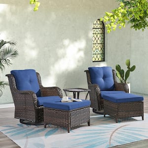 ArcoBay 5-Piece Brown Wicker Outdoor Rocking Swivel Chairs Patio Conversation Set with Navy Blue Cushions and Ottomans