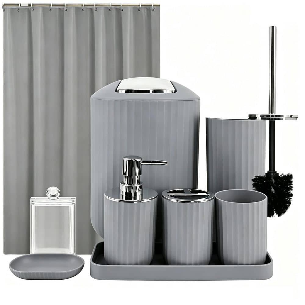 Numhew 9-Piece Gray Bath Accessory Set with Trash Can, Vanity Tray