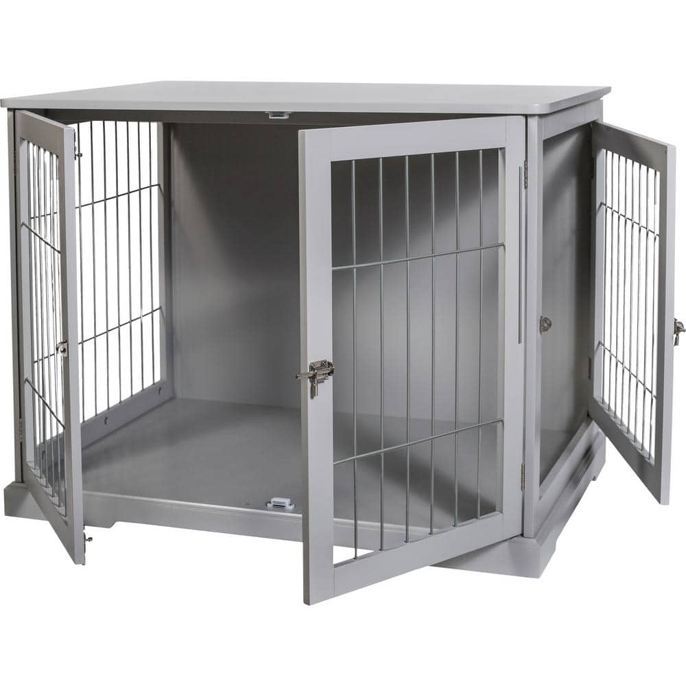 Gray Medium Wooden Dog Crate Table with Lockable Doors