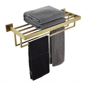 23.6 in. Brushed Gold Bathroom Wall Mounted Towel Shelf with Double Towel Bars