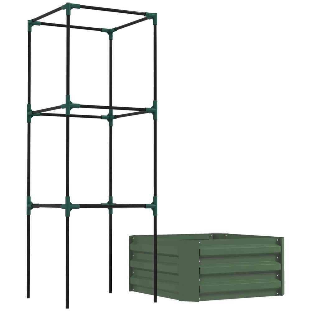 Green Galvanized Steel Raised Garden Bed with Tomato Trellis