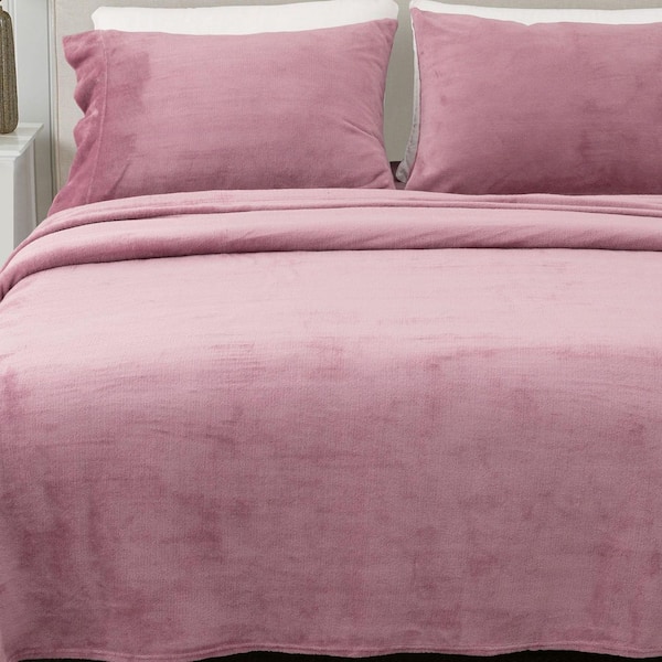 FRESHFOLDS Pink Ultra Soft Solid Color Velvet Plush Polyester California King Bed Sheet Set