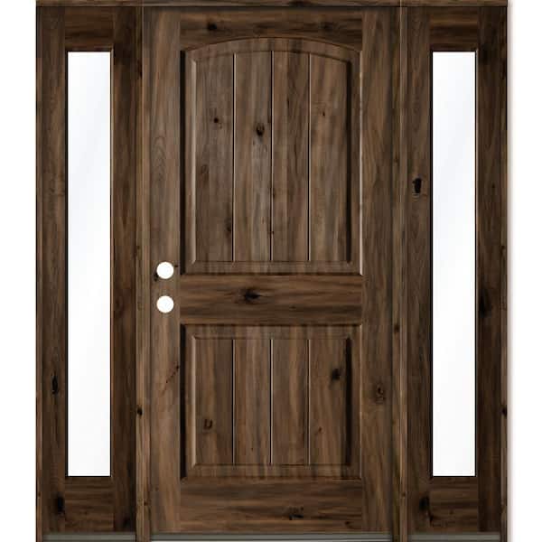 Krosswood Doors 58 in. x 80 in. Rustic knotty alder Sidelite 2 Panel Right-Hand/Inswing Clear Glass Black Stain Wood Prehung Front Door