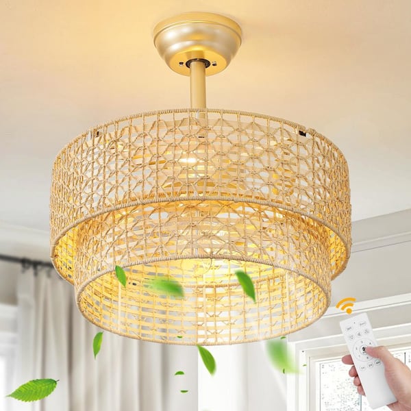 19 in. Indoor Gold Boho Enclosed Caged Layered Rattan Ceiling Fan with Light and Remote Control 6-Speed Reversible Motor
