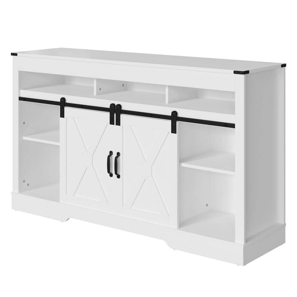 Anpport 58 In Farmhouse Double Door 3 Layer White TV Stand Fits TVs Up 