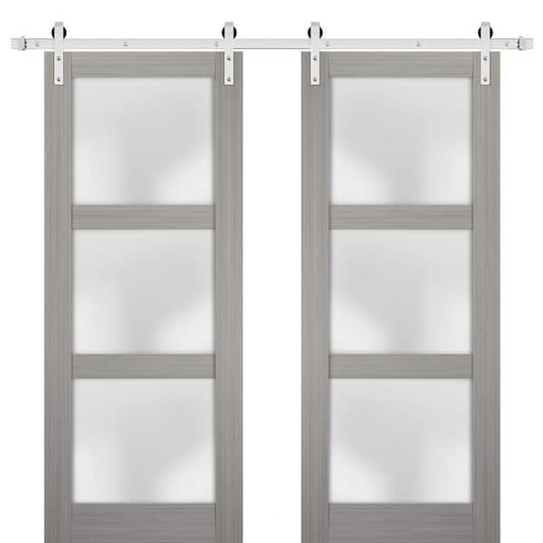 Sartodoors 36 in. x 80 in. 2 Panel Frosted Glass Gray Ash Solid Wood Sliding Barn Door with Hardware Kit