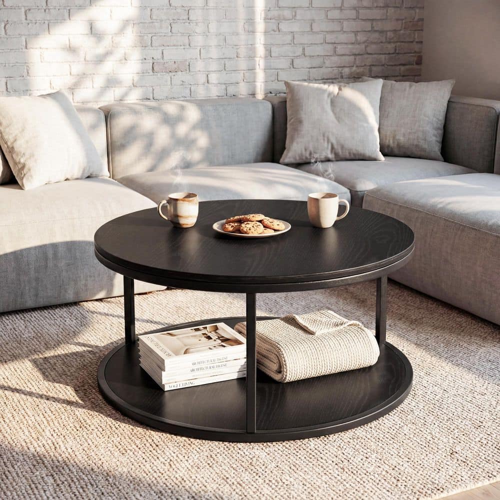 36 in. Black/White/Brown Round Wood Coffee Table with 2-Tier price history on PriceWatchPro