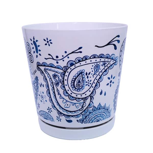 MPG 8.75 in dia Blue Paisley Pot with Self Watering Saucer