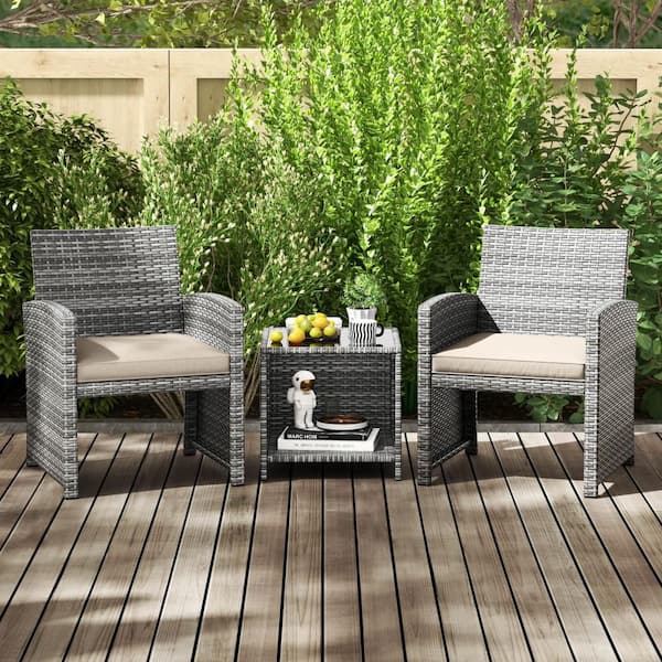 Costway 3-Piece Wicker Patio Conversation Set with Tempered Glass Coffee Table and Soft Seat White Cushions
