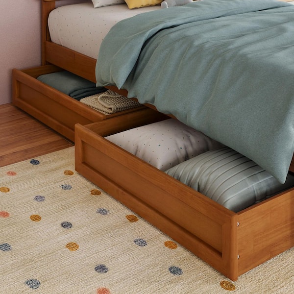 Light Toffee Natural Bronze Mid-Century Modern Solid Wood Twin-Full Under Bed Storage Drawers