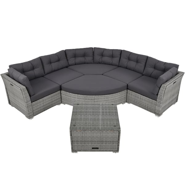 myhomore Patio Furniture Set Gray of 9-Piece Wicker Outdoor Day Bed Rattan Sectional with Cushions and Center Table, Grey
