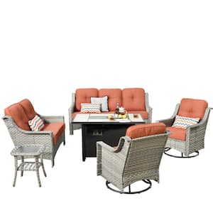 Eureka Gray 6-Piece Wicker Outdoor Patio Conversation Sofa Loveseat Set with a Metal Fire Pit and Red Cushions