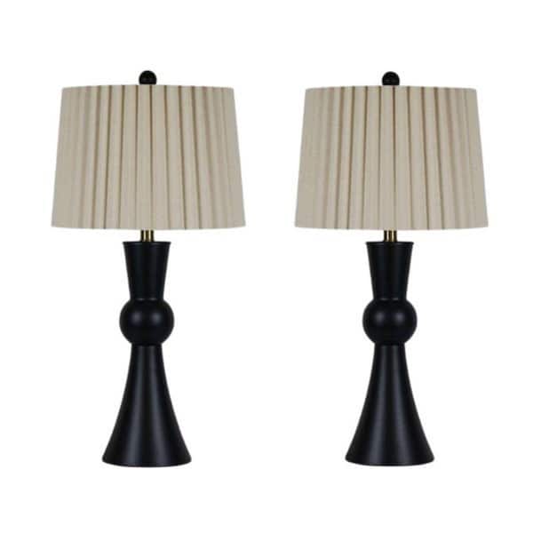 Pair of 27 in. Black Metal Column Table Lamps with Designer Mini-Fluted Shades