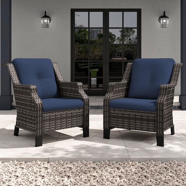2-Piece Wicker Chairs, Patio Furniture Sets, with Blue Cushion