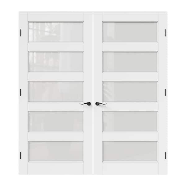 64 in. x 80 in. Universal 5-Lite Frosted Glass White Solid Core MDF Double French Door Kit with Quick Assemble Jamb