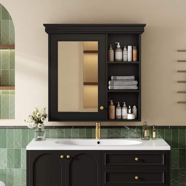 Black 30 in. W x 28.74 in. H Rectangular Wall Mounted Bathroom Medicine Cabinet with Mirror