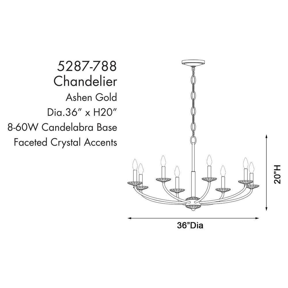 Ashen Gold 36" 8-Light Candle Style Chandelier with Crystal Accents
