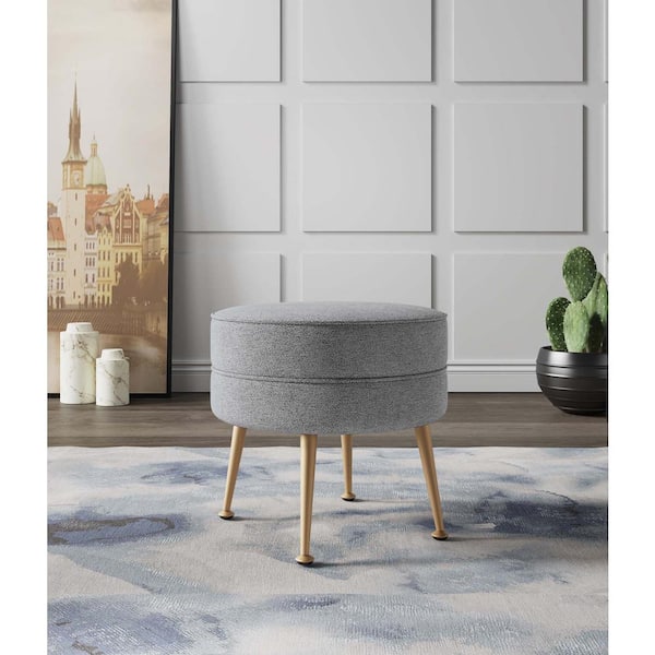 Manhattan Comfort Bailey Mid-Century Modern Grey with Gold Feet Woven Polyester Blend Upholstered Ottoman