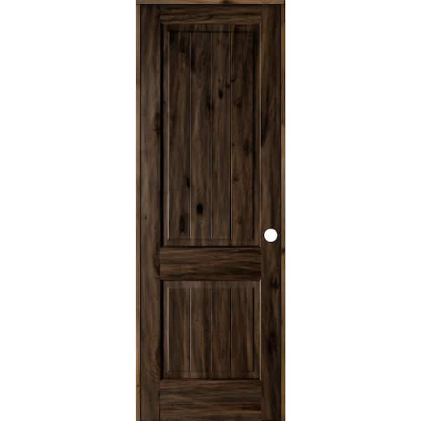Krosswood Doors 32 in. x 96 in. Knotty Alder 2 Panel Left-Hand Square Top V-Groove Black Stain Solid Wood Single Prehung Interior Door