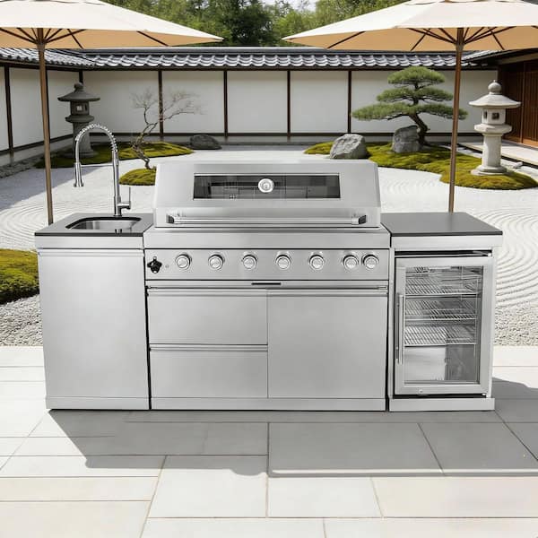 44 in. 6-Burner 85,000 BTU Stainless Steel Outdoor Kitchen BBQ Grill Island, Wine Refrigerator, Rotisserie, in Sliver