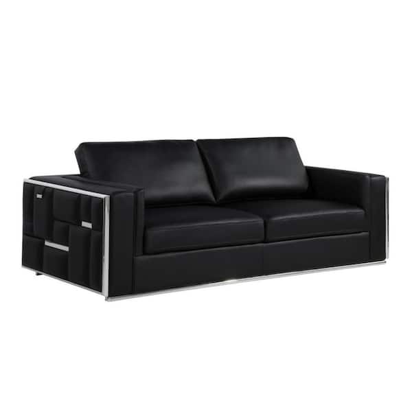 HomeRoots Amelia 89 in. Square Arm Italian Leather Rectangle Sofa in. Black