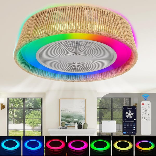 21 in. Brown Modern Rustic Indoor Ceiling Fan Light with LED RGB Mood Lighting, Rope Woven Design, Quiet Fan