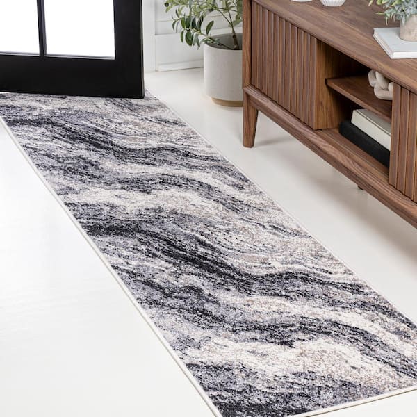 Kassia Charcoal/Cream 2 ft. x 8 ft. Contemporary Glam Abstract Marble Runner Rug