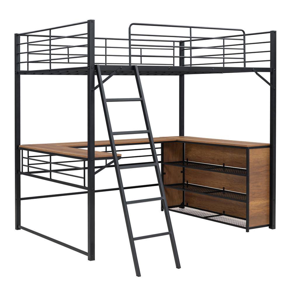 Harper & Bright Designs Black Full Size Metal Loft Bed with L-shaped ...