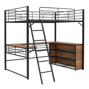 Black Full Size Metal Loft Bed with L-shaped Built-in Desk, 3-tier Storage Shelves and Ladder