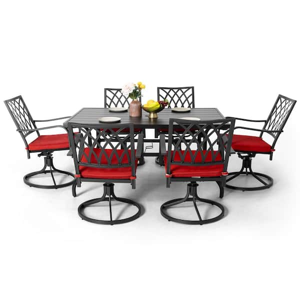 Black 7-Piece Metal Rectangle Outdoor Dining Set with Red Cushions and 1.57 in. Umbrella Hole, Swivel Design