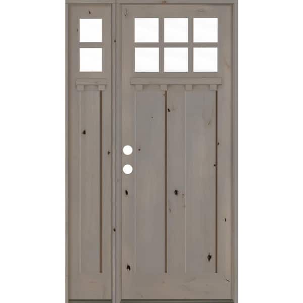 Krosswood Doors 50 in. x 96 in. Craftsman Alder Right-Hand 6 Lite Clear Glass Grey Stain Wood Prehung Front Door/Left Sidelite with DS