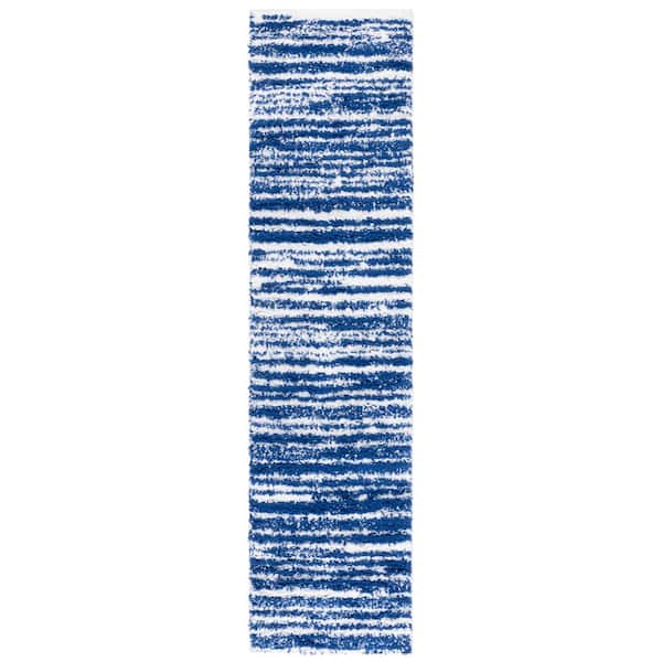 Rumi Shag 2 ft. x 8 ft. Navy/Ivory Abstract Striped Runner Rug