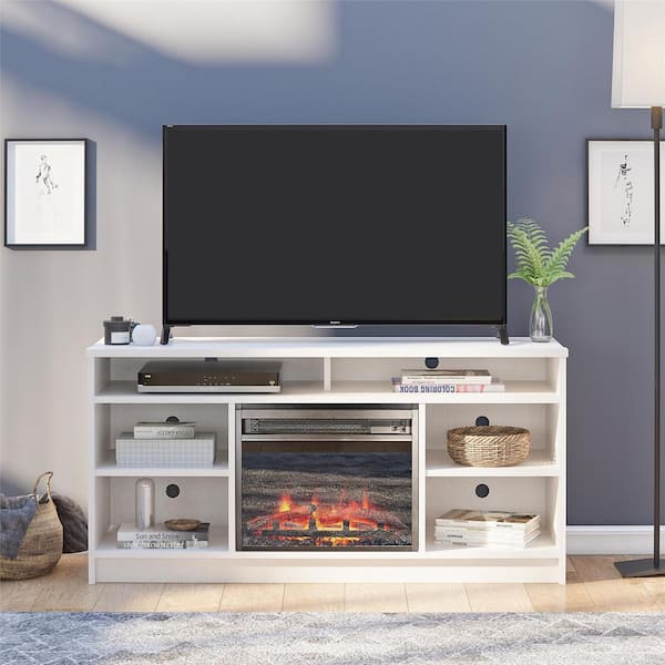 Ameriwood Home Hendrix 55 In Tv Stand With Electric Fireplace Insert And 6 Shelves Ivory Oak 9387