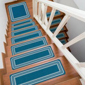 8.5 X 26 and 31 X 31 Blue Carmel Bordered Non-Slip Indoor Stair Tread Cover and Landing Mat (Set of 16)