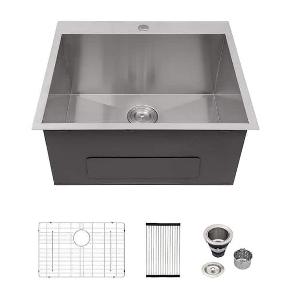 25 in. Single Bowl Zero Radius Corner 18 -Gauge Stainless Steel Drop-in/Topmount Kitchen Sink Bar Sink with Bottom Grid