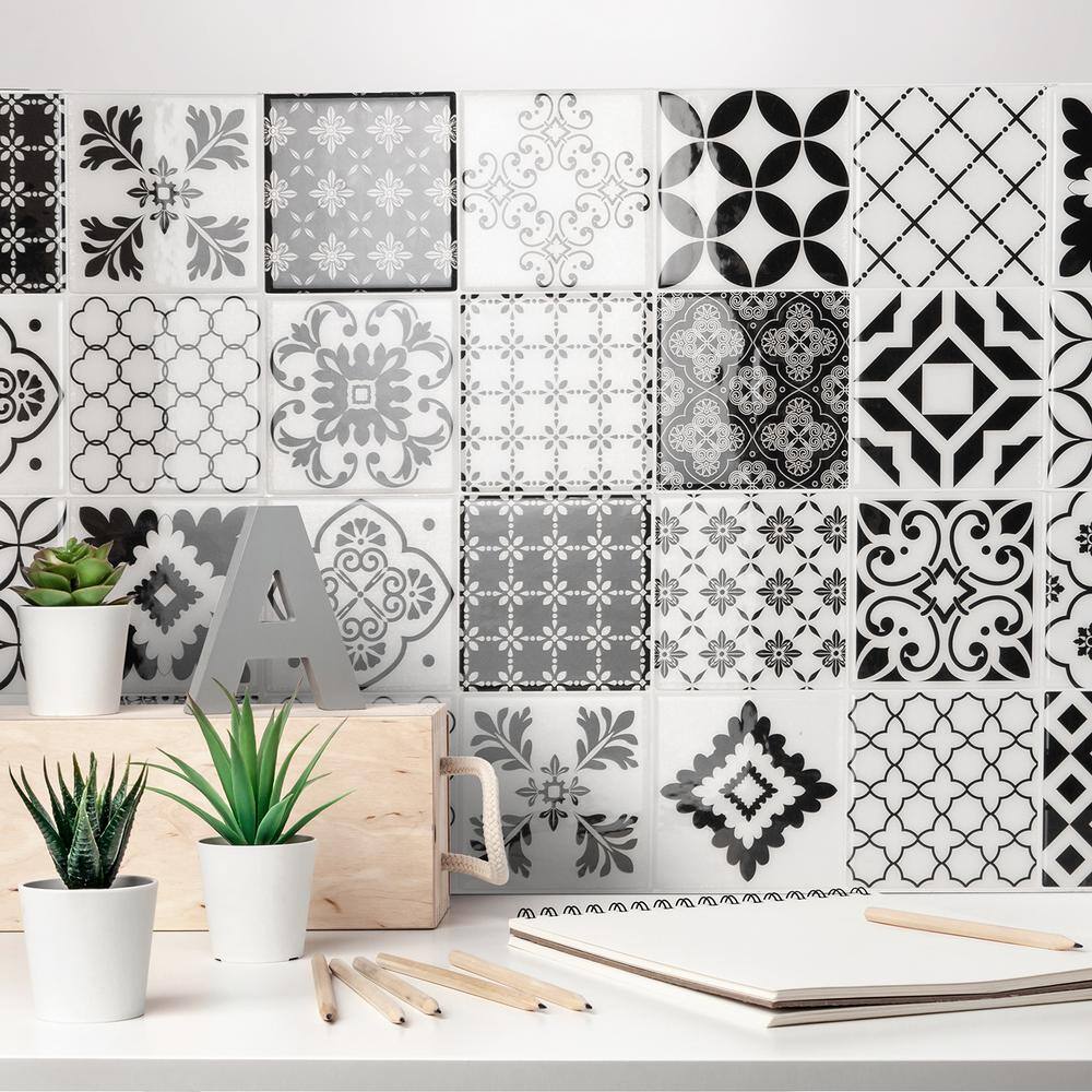 Vintage Black and White Peel and Stick Gel Backsplash Tile