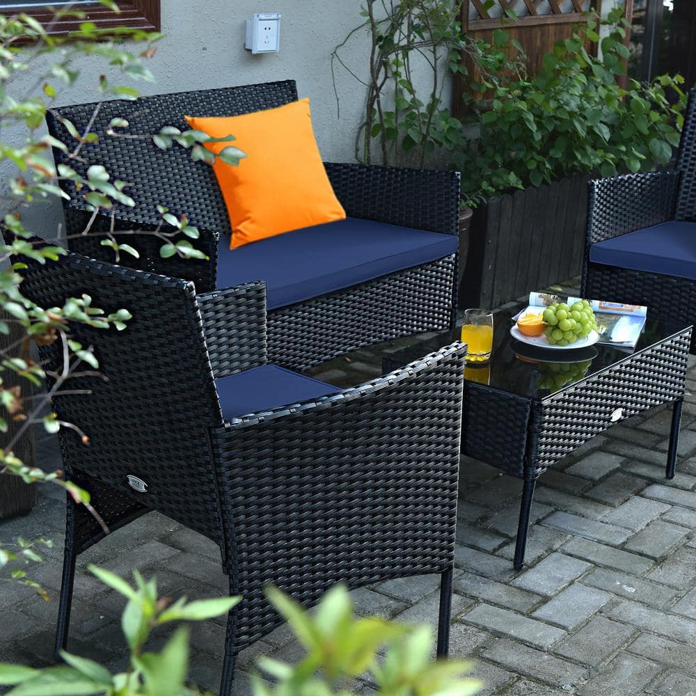 Navy 4-Piece Rattan Outdoor Patio Sofa Set with Cushions and Glass Table