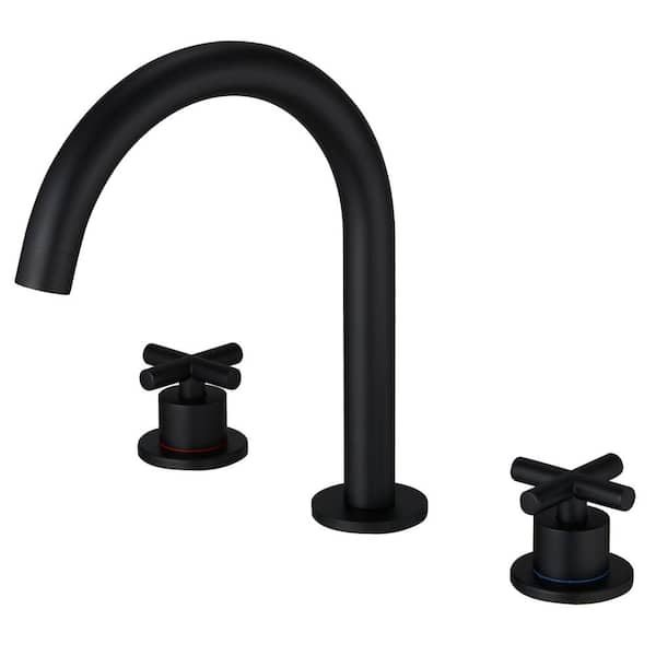 Fapully 8 in. Widespread Double Handle Bathroom Faucet with Drain Kit, Deck Mount Arc 3 Hole Bathroom Faucet in Matte Black